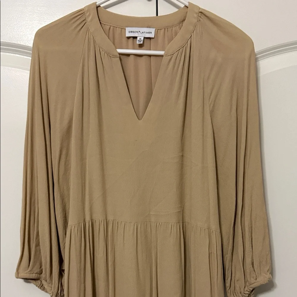 Gibson Latimer Three Quarter Sleeve Tan Dress - Picture 2 of 4